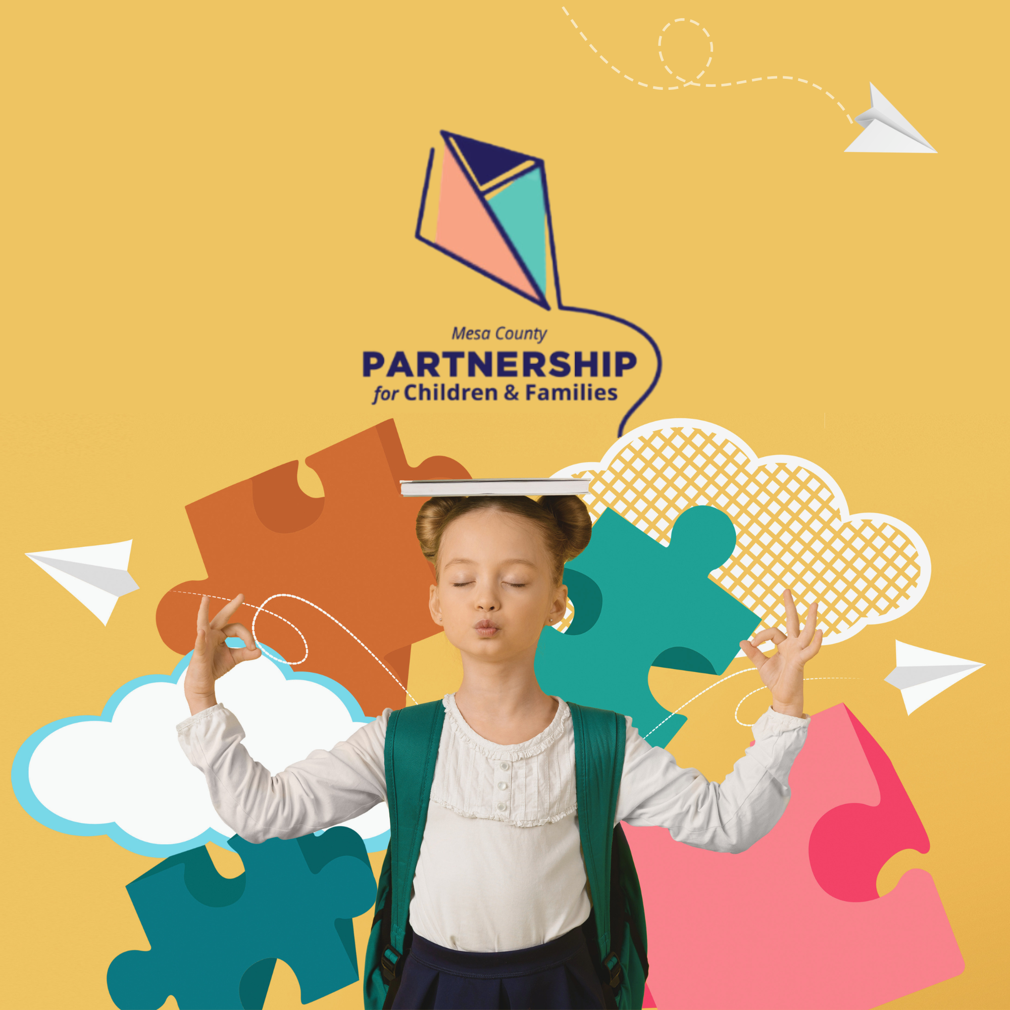 Young girl meditating with books and puzzle pieces in the background underneath the MCPCF logo